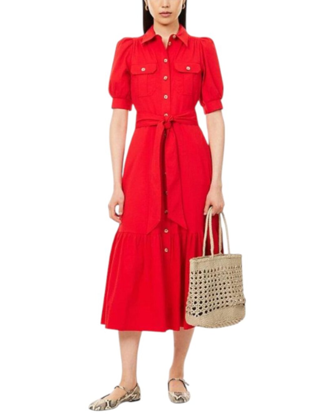 ME + EM Seersucker Midi Shirt Dress Womens 10 14 Red Short Sleeve Belted Cotton